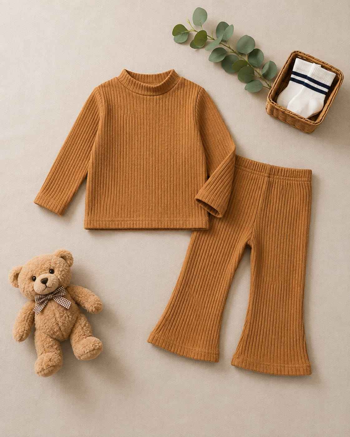 Plush Ribbed Knit Basic Set - Brown