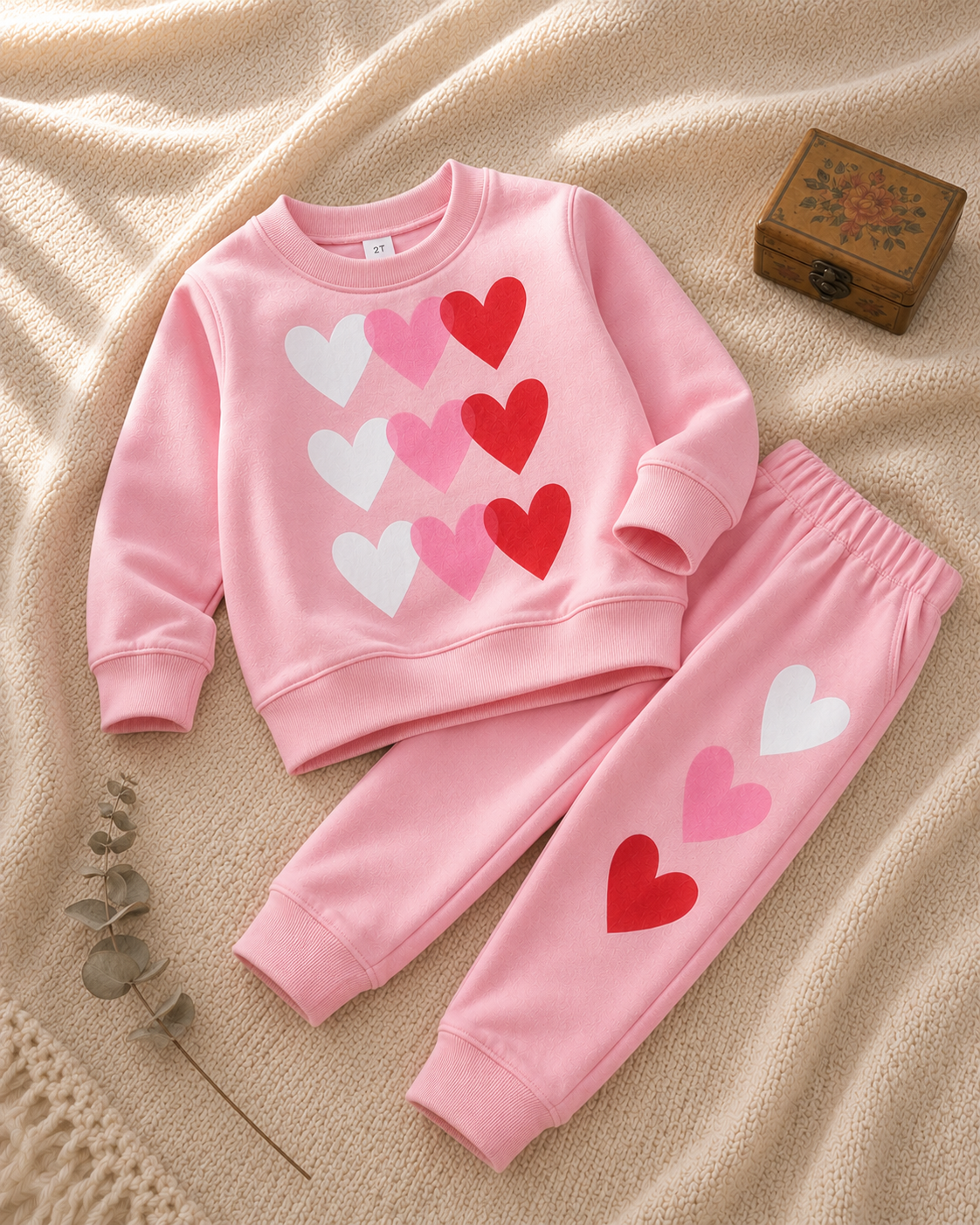 Plush Fleece Shirt & Trouser - Hearts in Pink