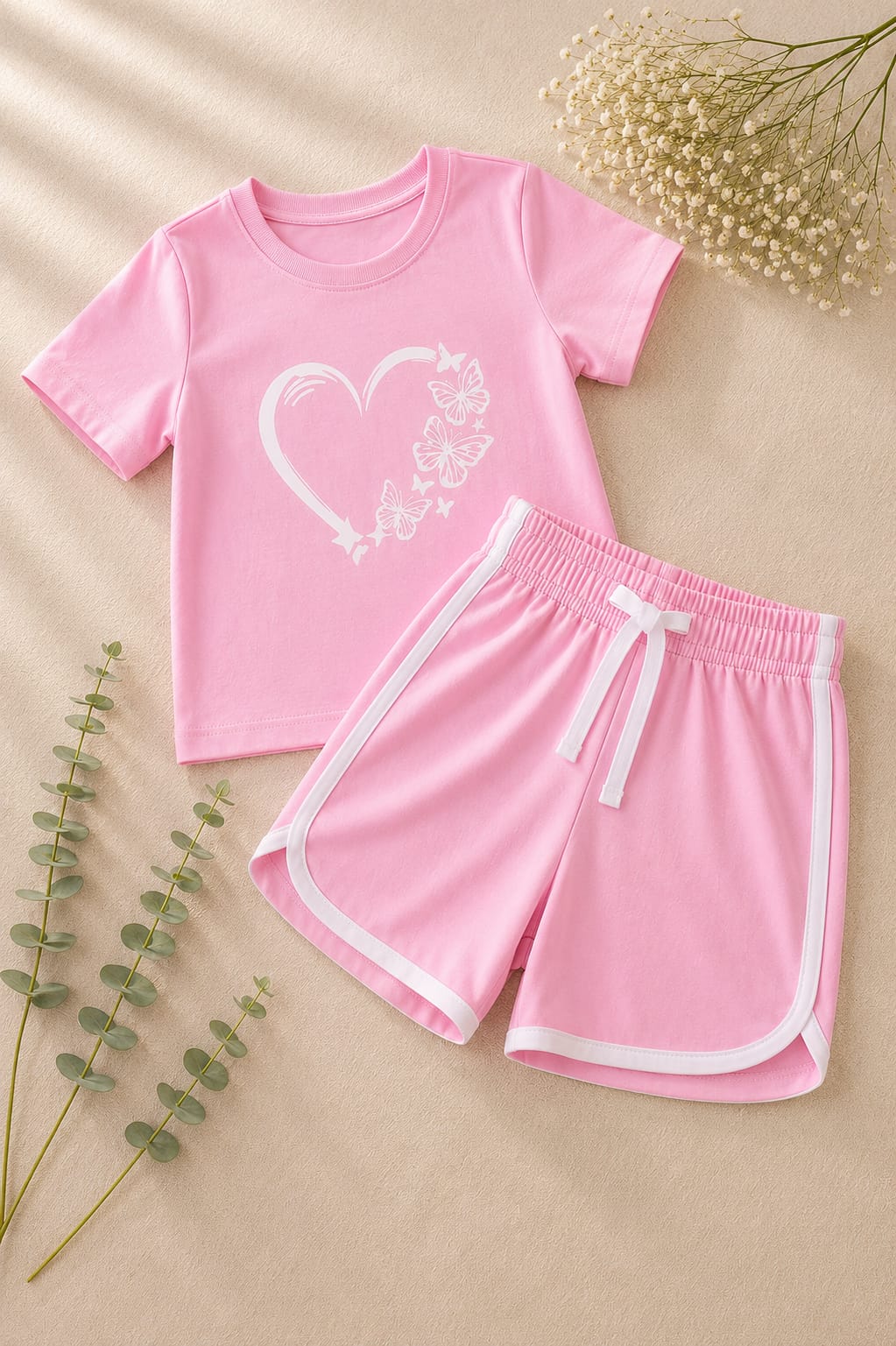 Girls Pink Butterfly Heart T-Shirt & Shorts Set