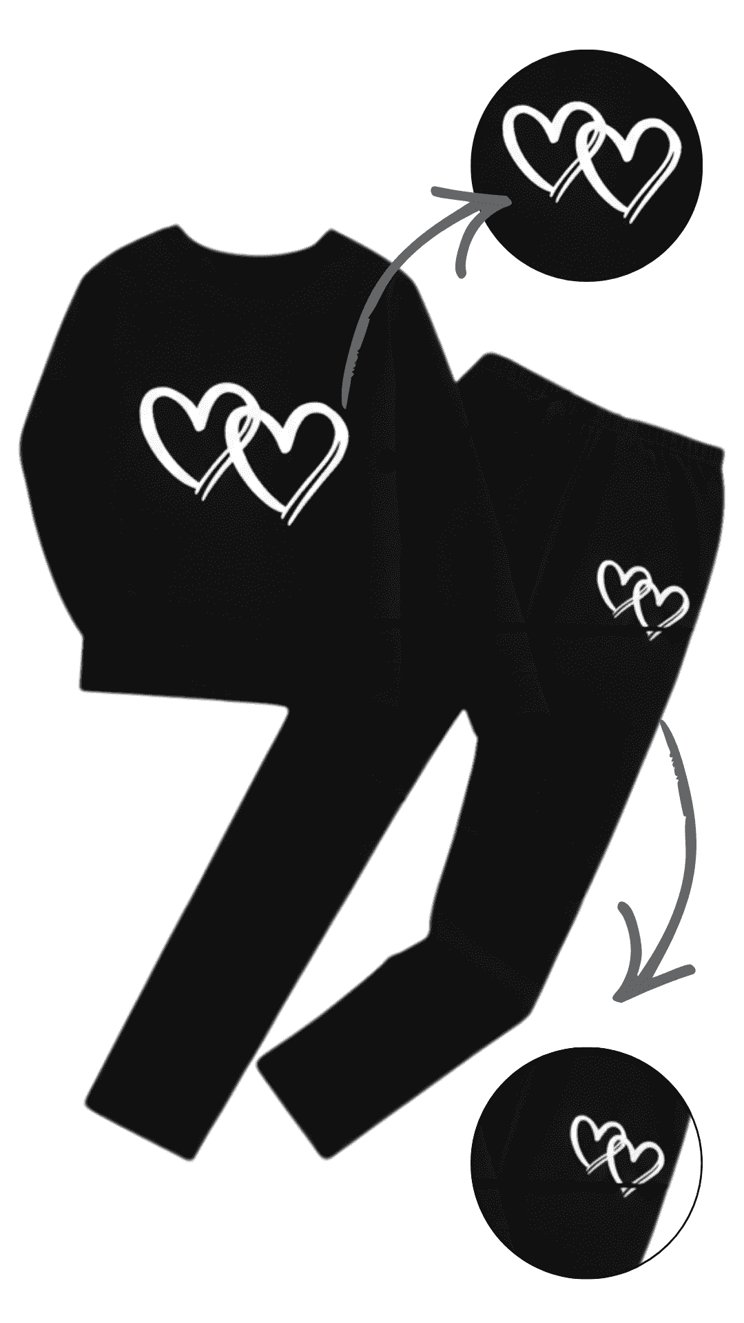 Girls black sweatshirt and jogger tracksuit set with white heart print