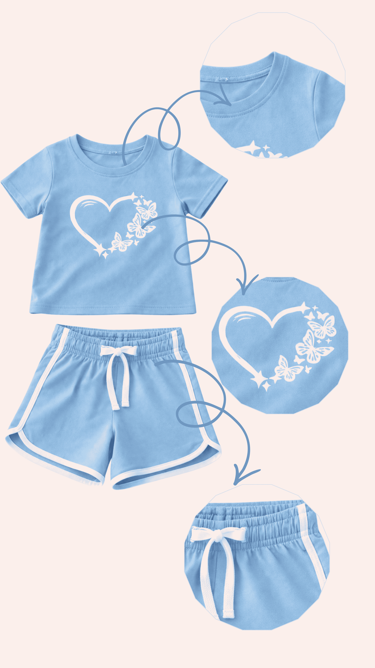 Light blue kids summer outfit with heart and butterfly print t-shirt and matching shorts