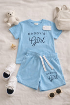 Girls sky blue shirt and shorts set “Daddy’s Girl” in Pakistan by Basics by Nifty, soft breathable summer co-ord outfit for kids