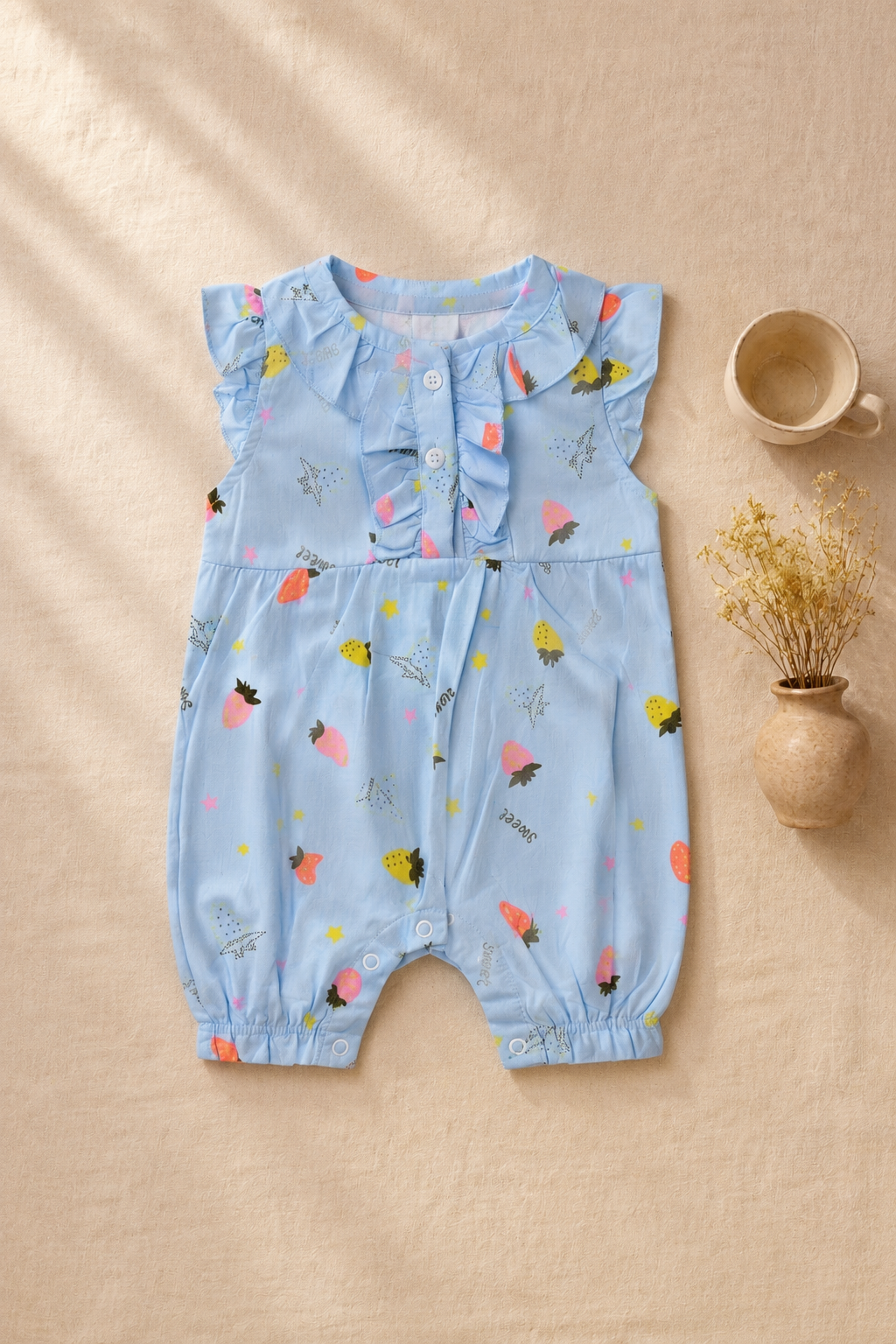 Baby Girl Blue Strawberry Print Ruffle Romper