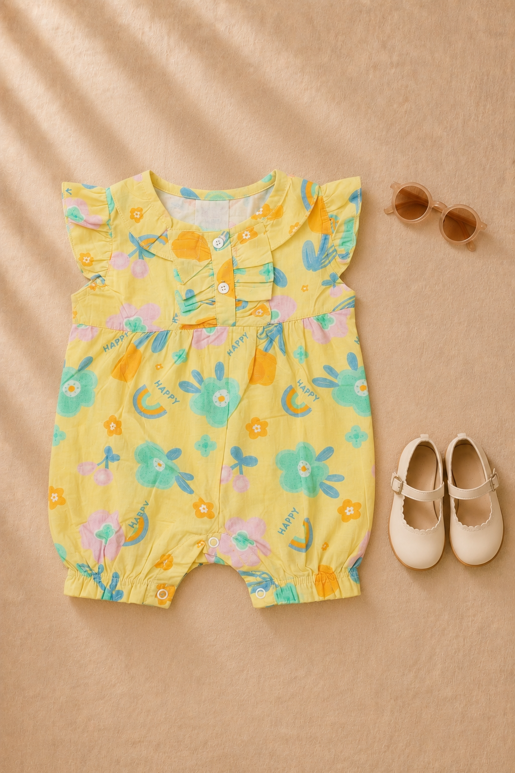 Baby Girl Yellow Floral Happy Print Ruffle Romper