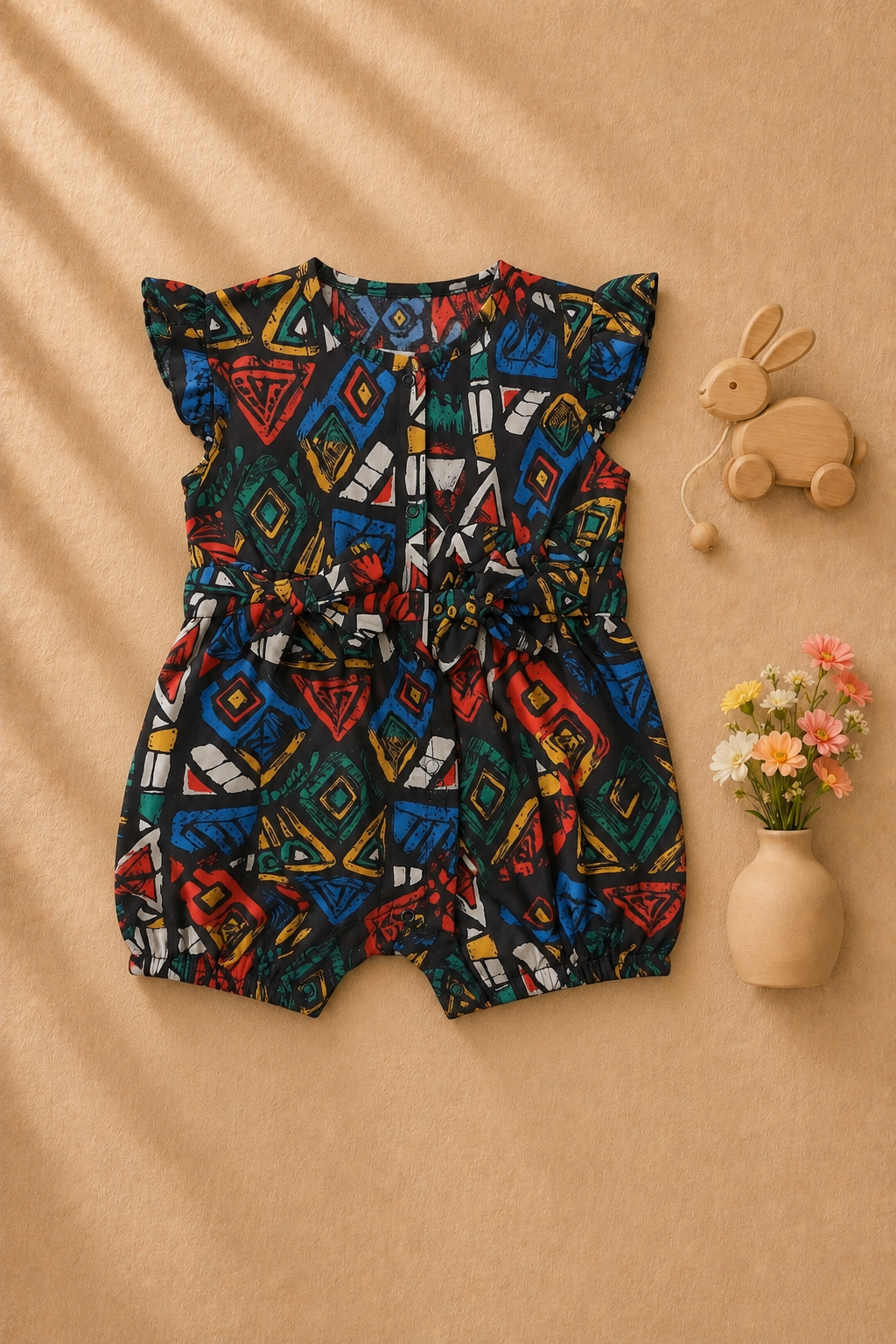 Baby Black Multicolor Tribal Print Cotton Romper