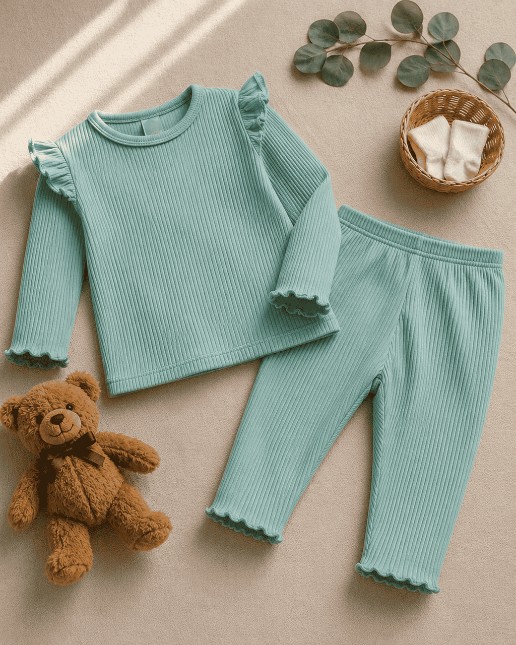 Plush Shoulder Frill Style Ribbed Knit Basic Set - Mint