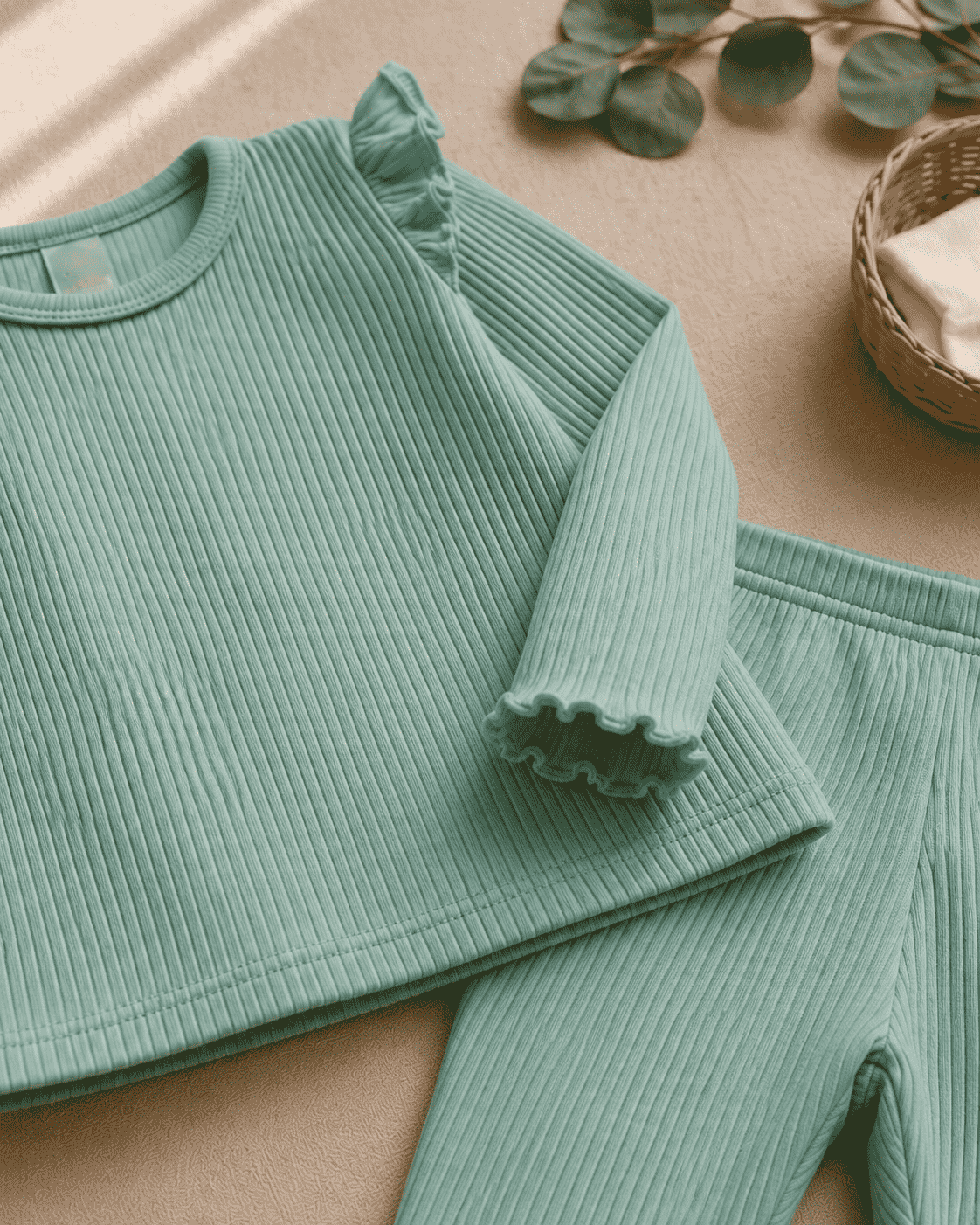 Plush Shoulder Frill Style Ribbed Knit Basic Set - Mint