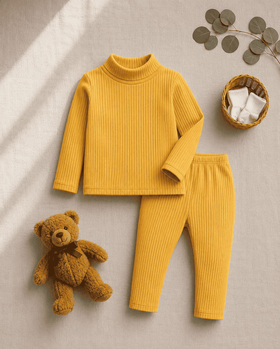 Plush-High Neck Style Ribbed knit Sweat Set - Yellow