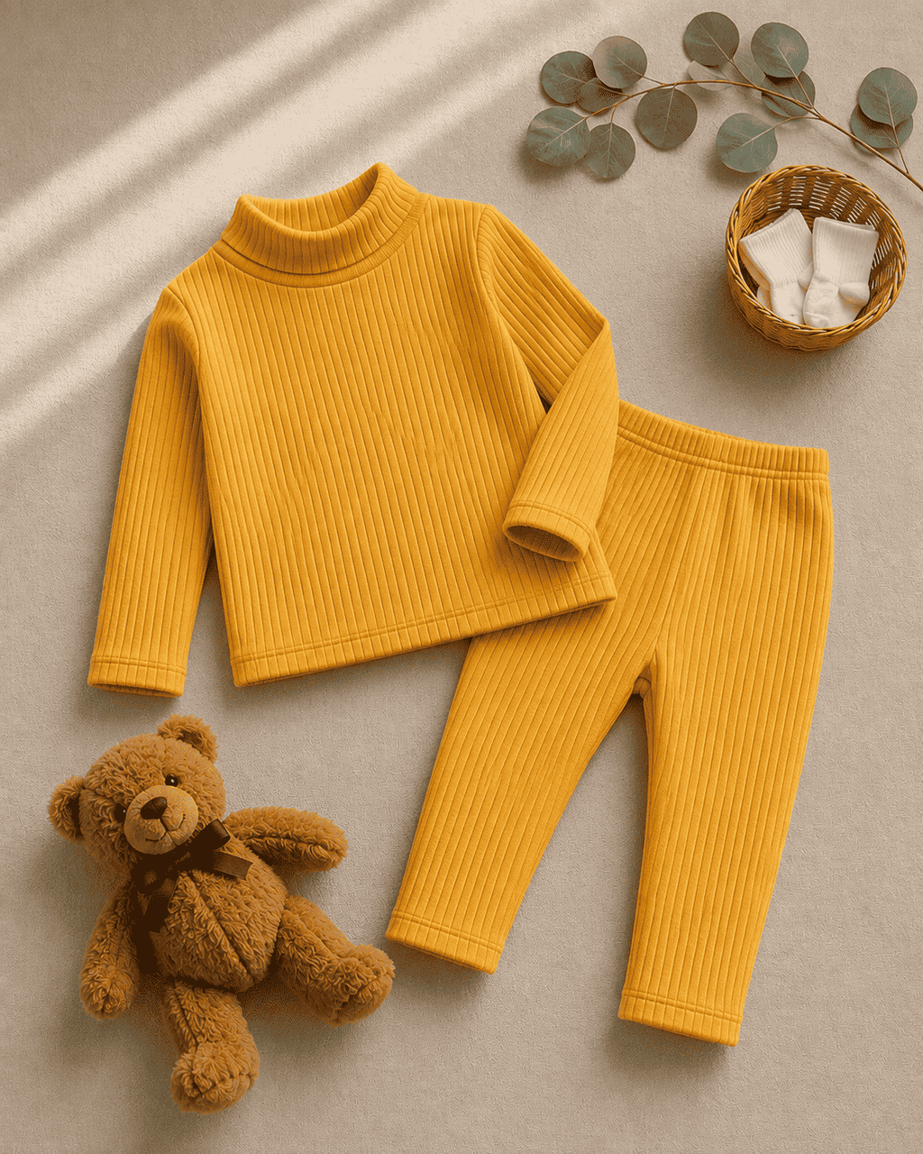 Plush-High Neck Style Ribbed knit Sweat Set - Yellow