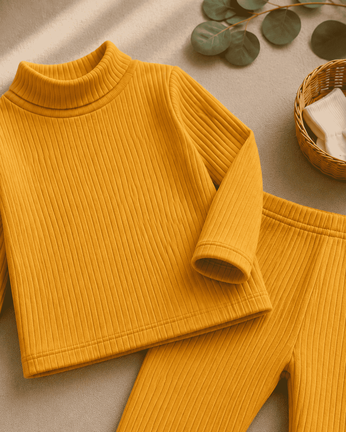 Plush-High Neck Style Ribbed knit Sweat Set - Yellow