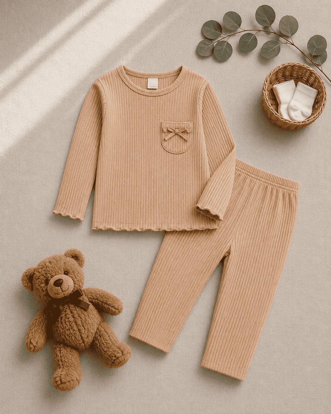 Plush Ribbed Knit Basic Set - Brown