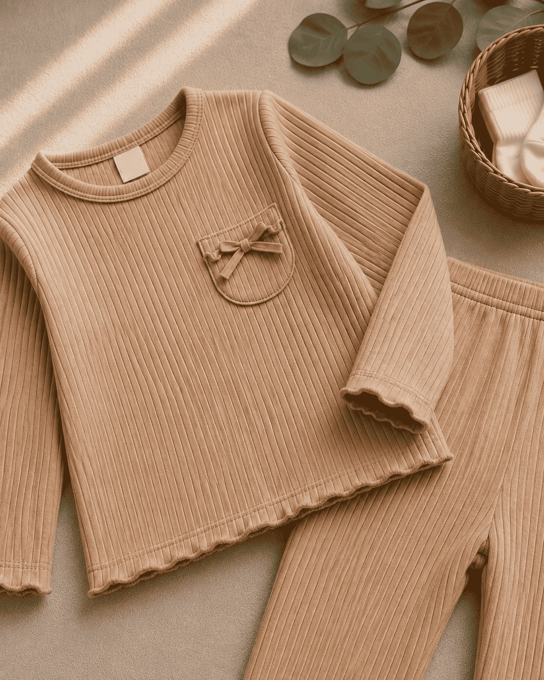Plush Ribbed Knit Basic Set - Brown