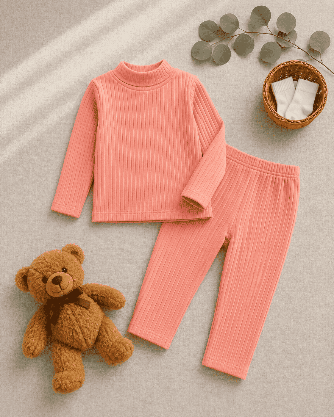 Plush-High Neck Style Ribbed Knit Sweat Set - Orange Peach
