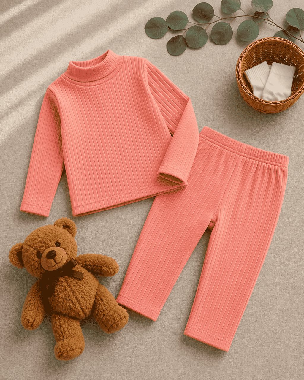 Plush-High Neck Style Ribbed Knit Sweat Set - Orange Peach