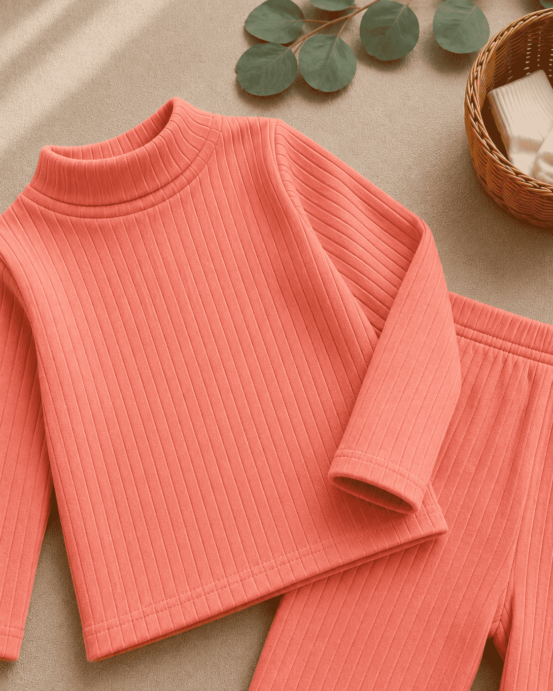 Plush-High Neck Style Ribbed Knit Sweat Set - Orange Peach