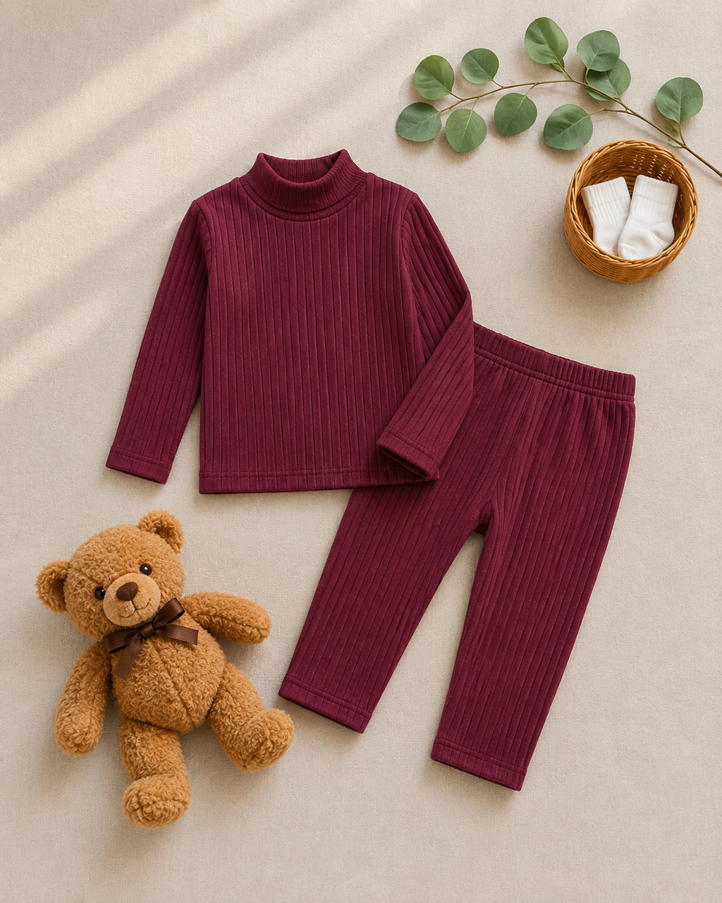 Plush-High Neck Style Ribbed knit Sweat Set - Maroon Red