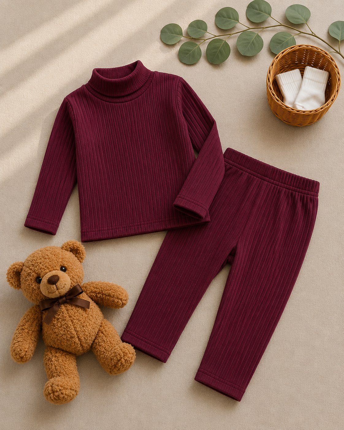 Plush-High Neck Style Ribbed knit Sweat Set - Maroon Red