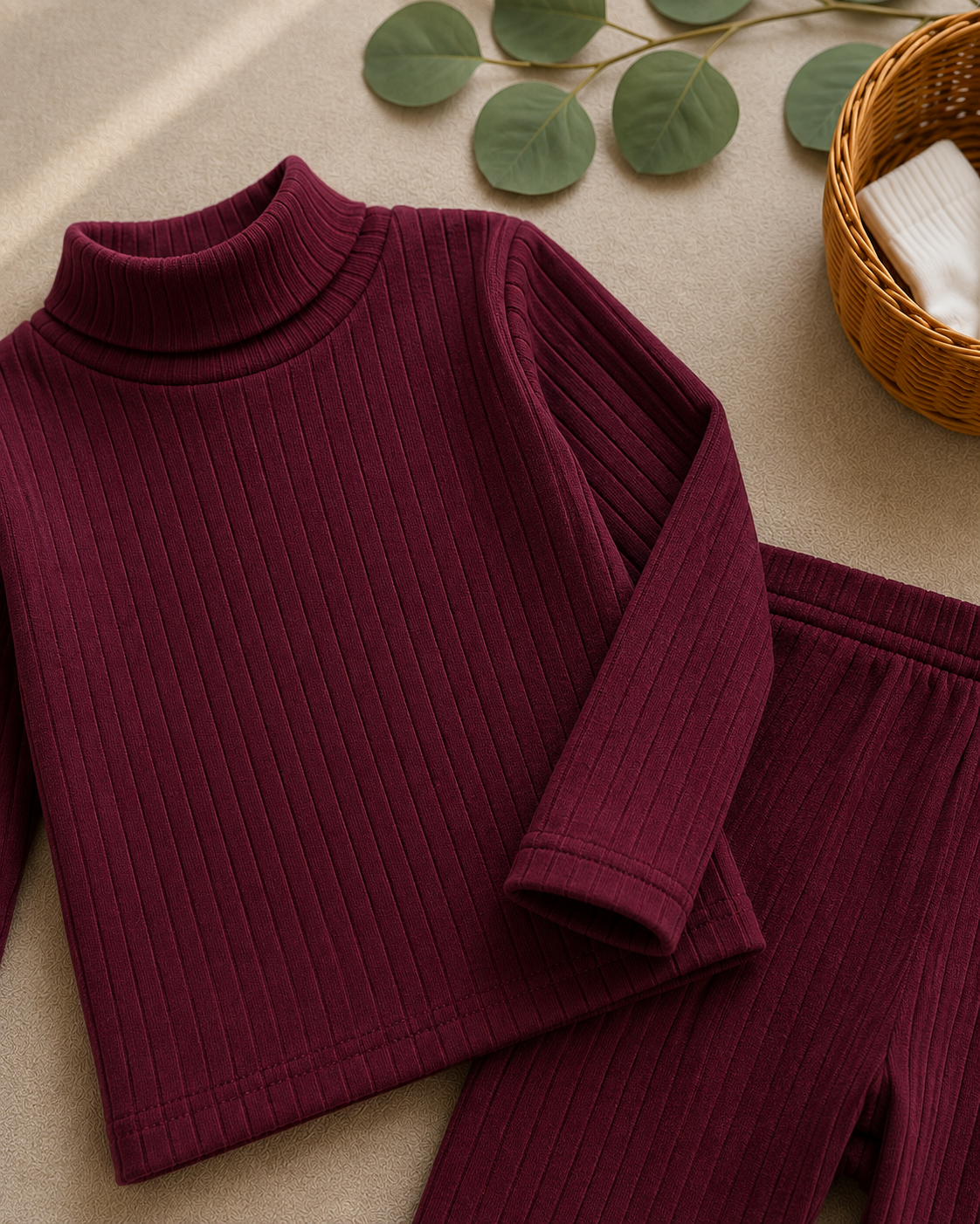 Plush-High Neck Style Ribbed knit Sweat Set - Maroon Red