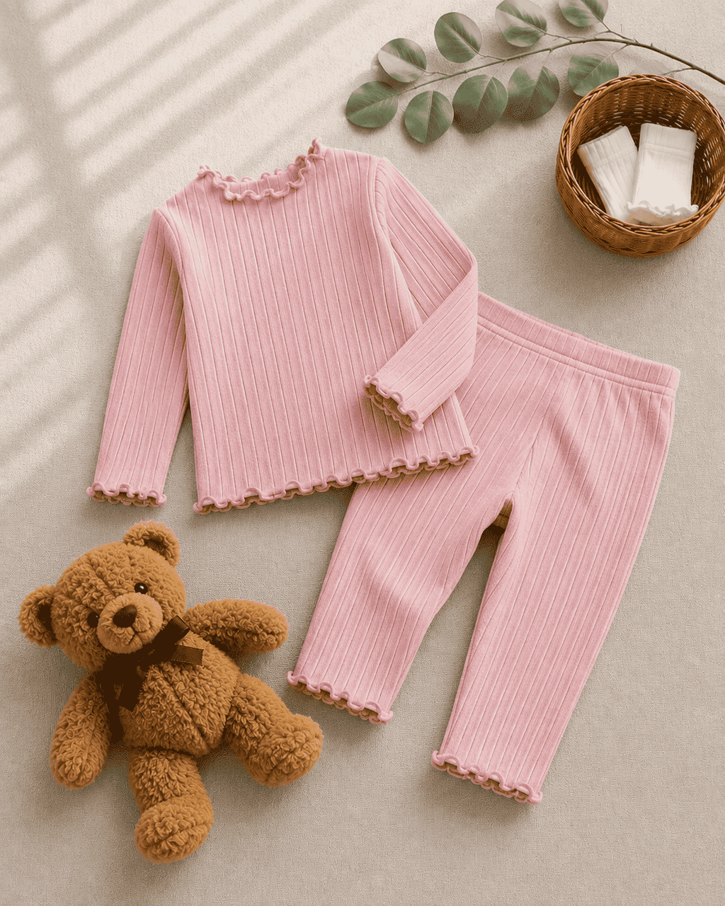 Plush Ribbed Knit Basic Set - Pink