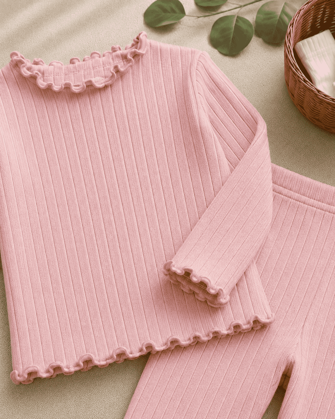 Plush Ribbed Knit Basic Set - Pink