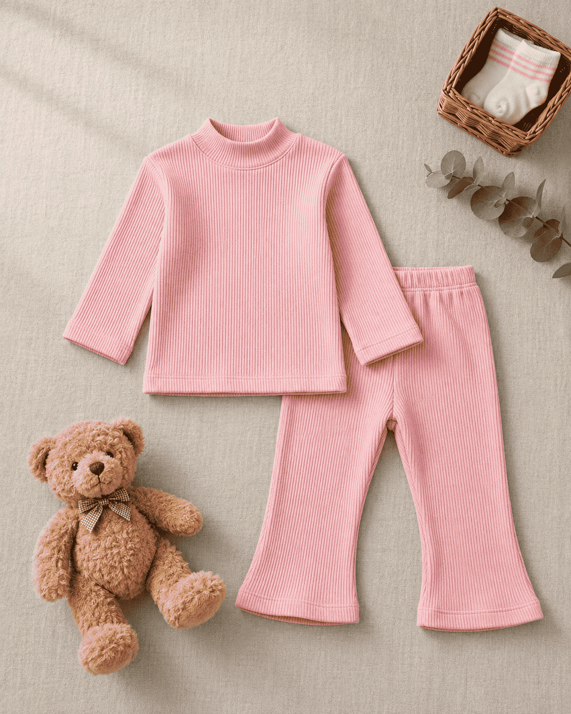 Plush Ribbed Knit Basic Set - Pink