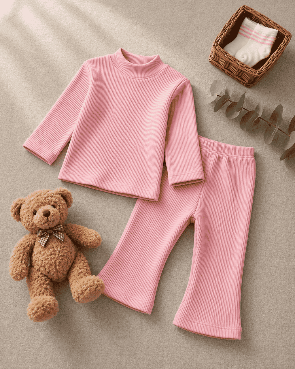 Plush Ribbed Knit Basic Set - Pink