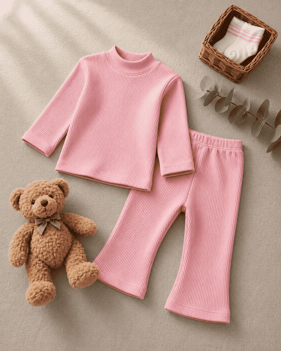 Plush Ribbed Knit Basic Set - Pink