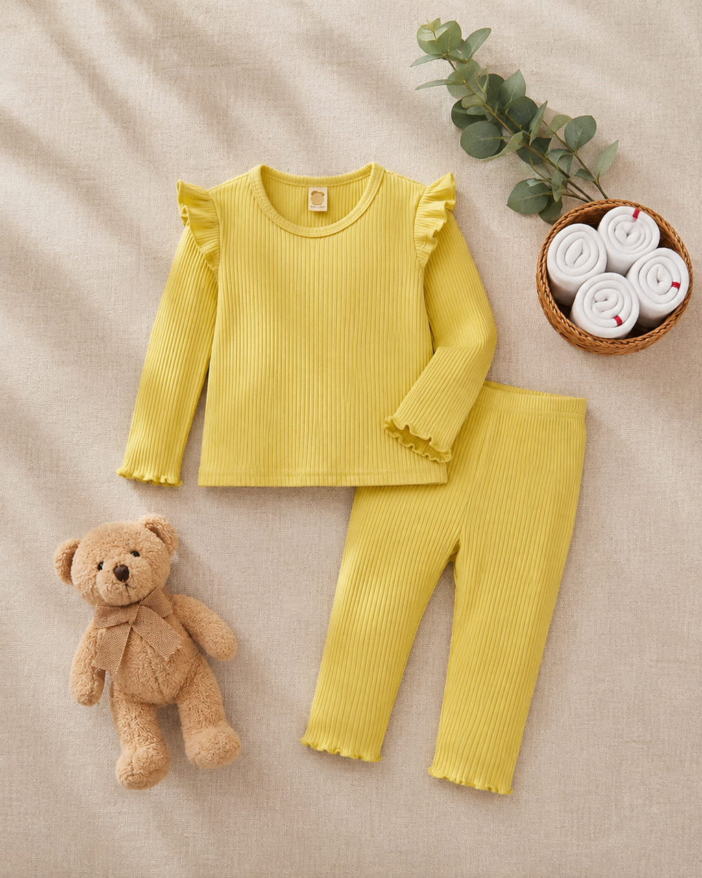 Plush Shoulder Frill Style Ribbed Knit Basic Set - Yellow