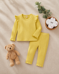 Plush Shoulder Frill Style Ribbed Knit Basic Set - Yellow