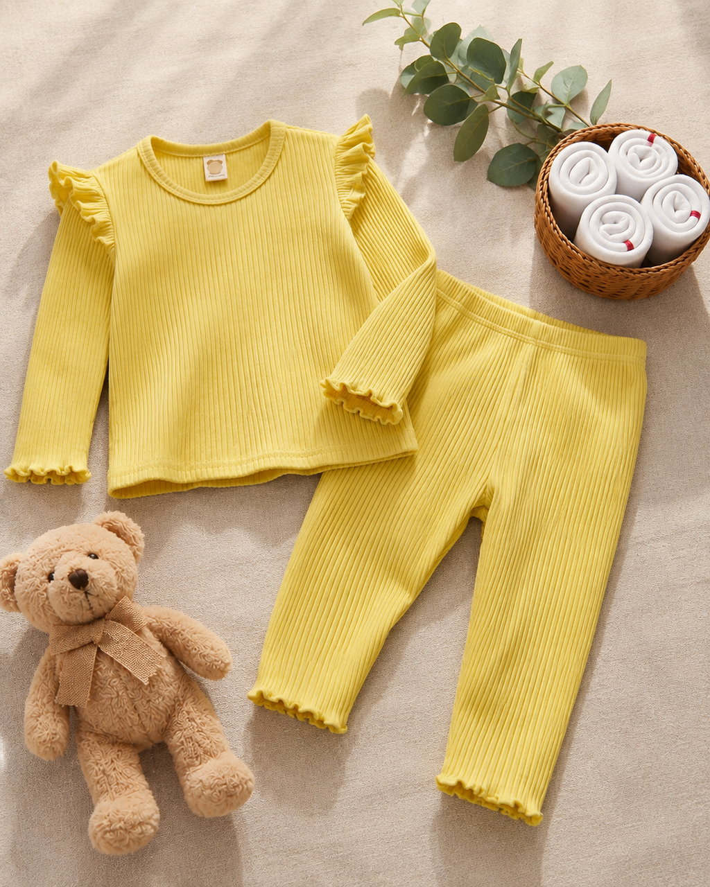 Plush Shoulder Frill Style Ribbed Knit Basic Set - Yellow