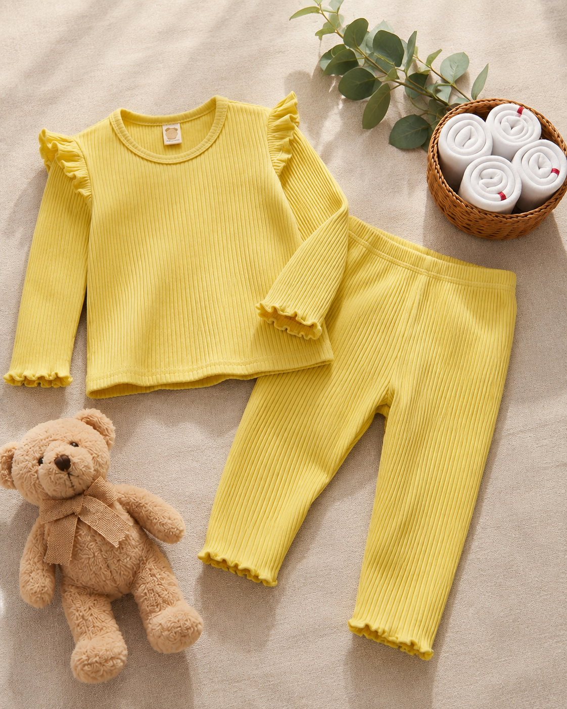 Plush Shoulder Frill Style Ribbed Knit Basic Set - Yellow