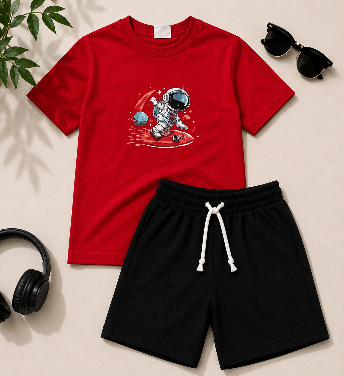 Red astronaut t-shirt and black drawstring shorts set for toddlers by NIFTY.