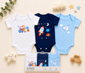 Pack of 3 cotton baby onesies with vehicle, rocket and airplane prints