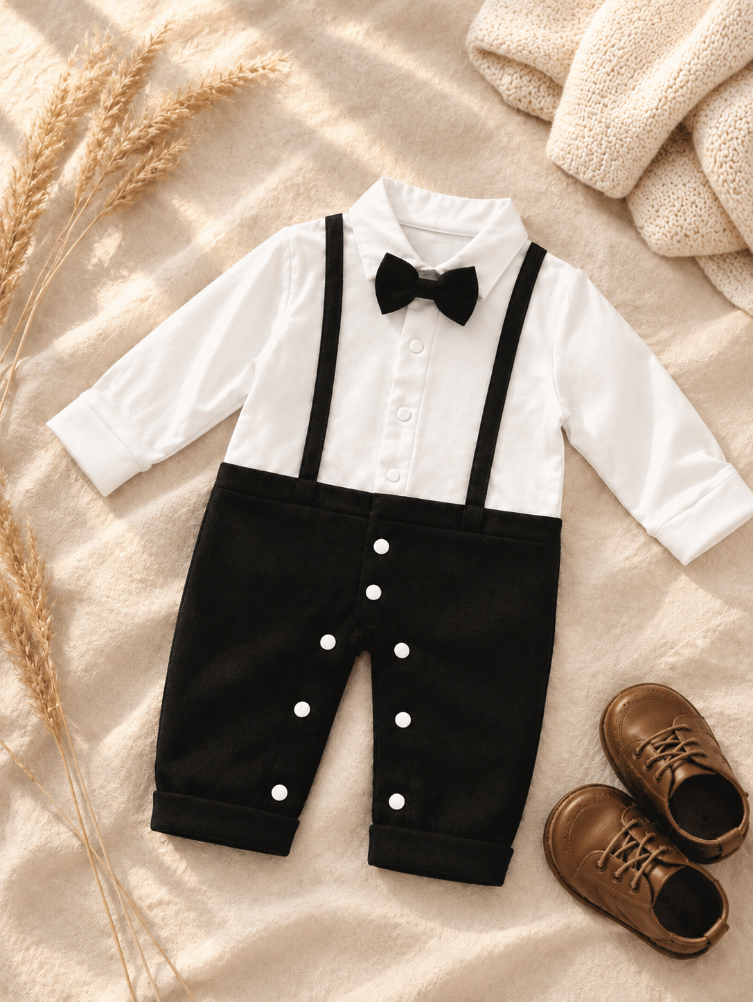 Baby boy tuxedo romper with bow tie and suspenders