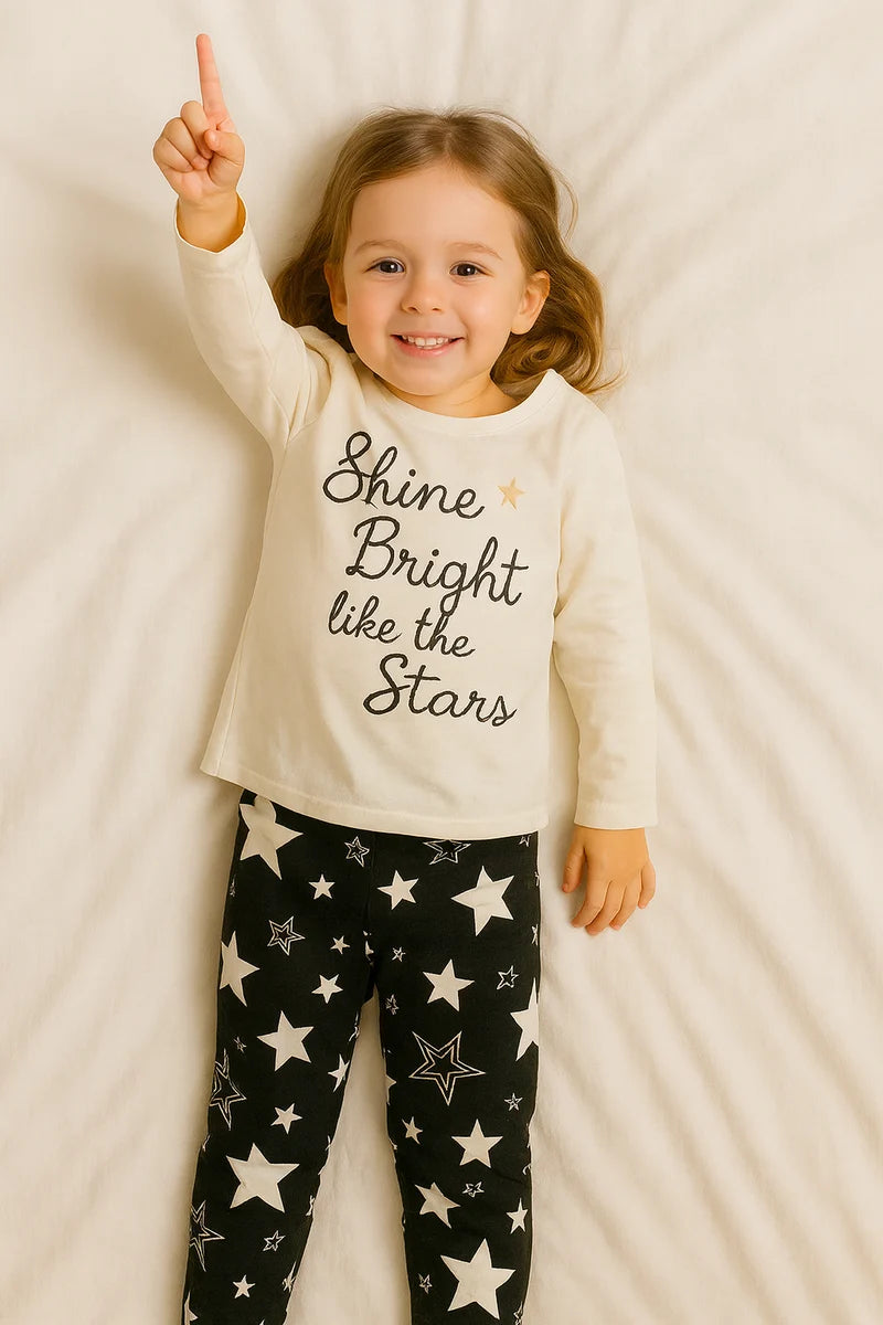 Primark Girls Star Print Cotton Pajama Set – Shine Bright Top & Comfy Trousers | Kids Nightwear