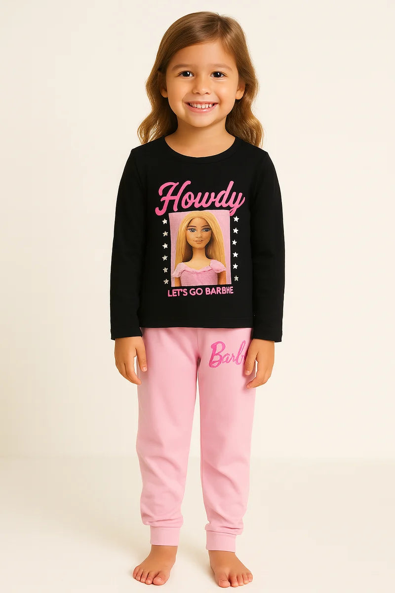 Girls Barbie Pajama Set – Black Howdy Top & Pink Cotton Pants | Kids Nightwear