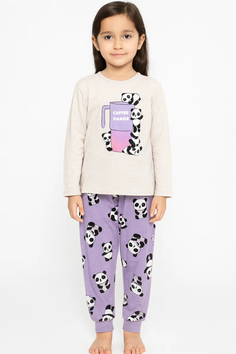 Girls Panda Cartoon Pajama Set – Lavender Long Sleeve Top & Beige Pants | Cute Kids Nightwear