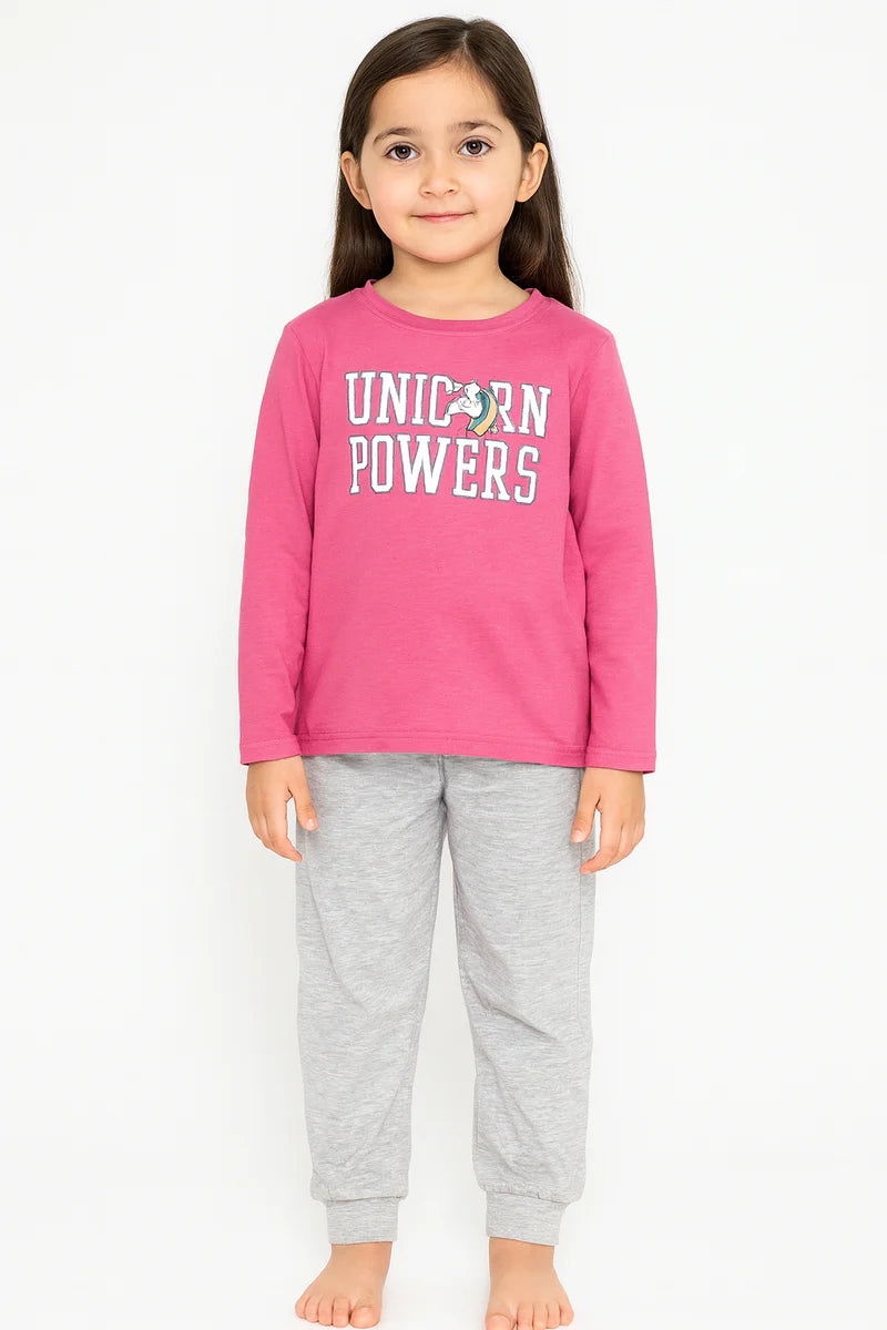 Girls Unicorn Powers Pajama Set – Pink Long Sleeve Top & Grey Pants | Kids Nightwear