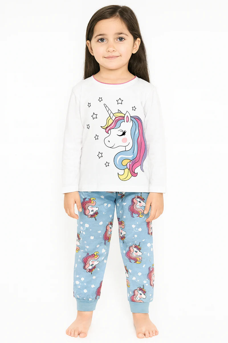 Girls Unicorn Pajama Set – White Long Sleeve Top & Blue Pants | Cute Kids Nightwear