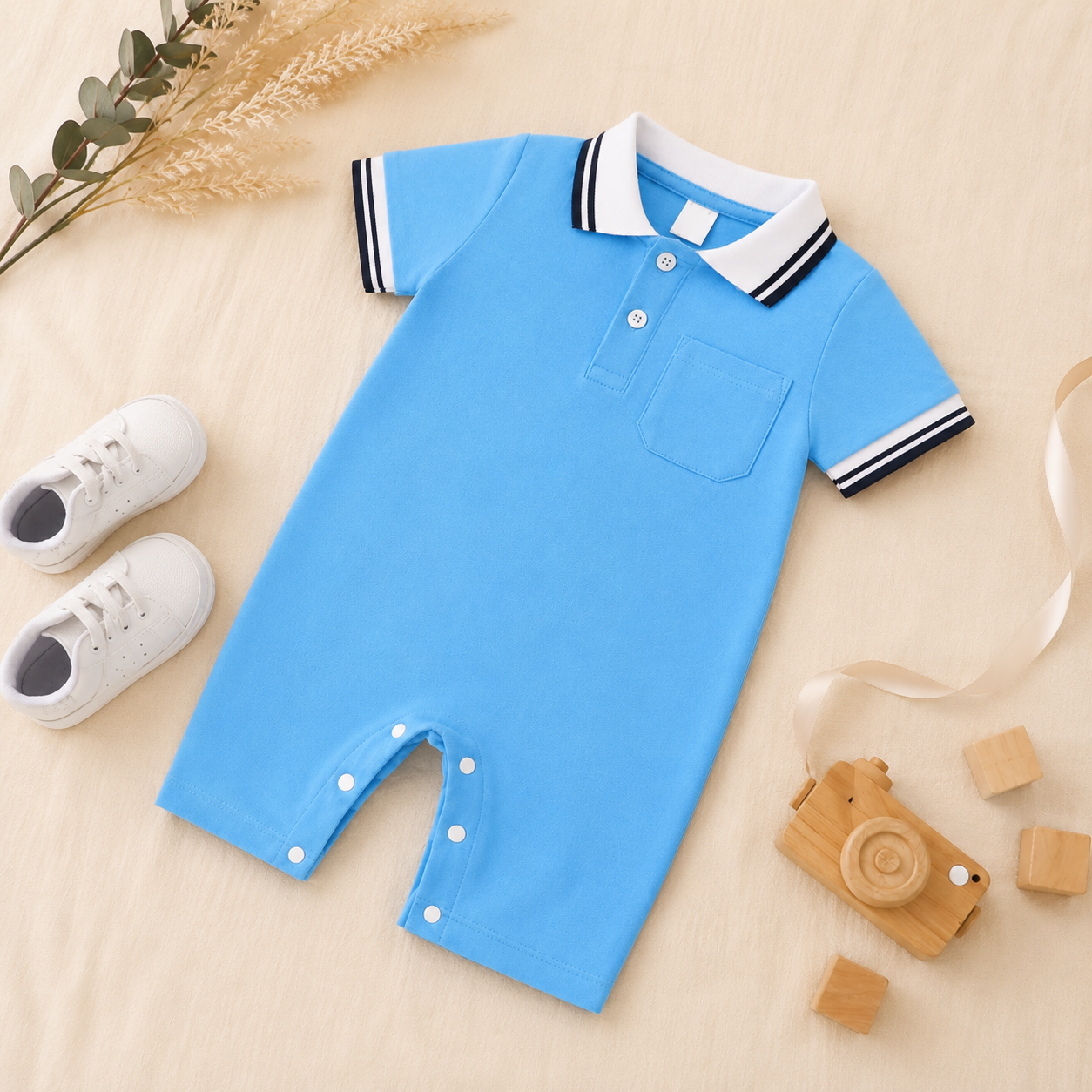 Sky Blue Polo Romper for Babies | Soft Interlock Bodysuit