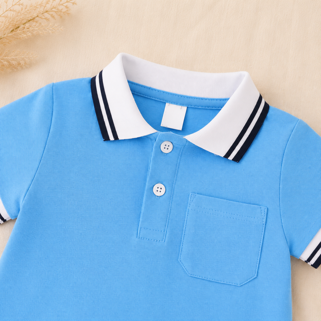 Sky Blue Polo Romper for Babies | Soft Interlock Bodysuit