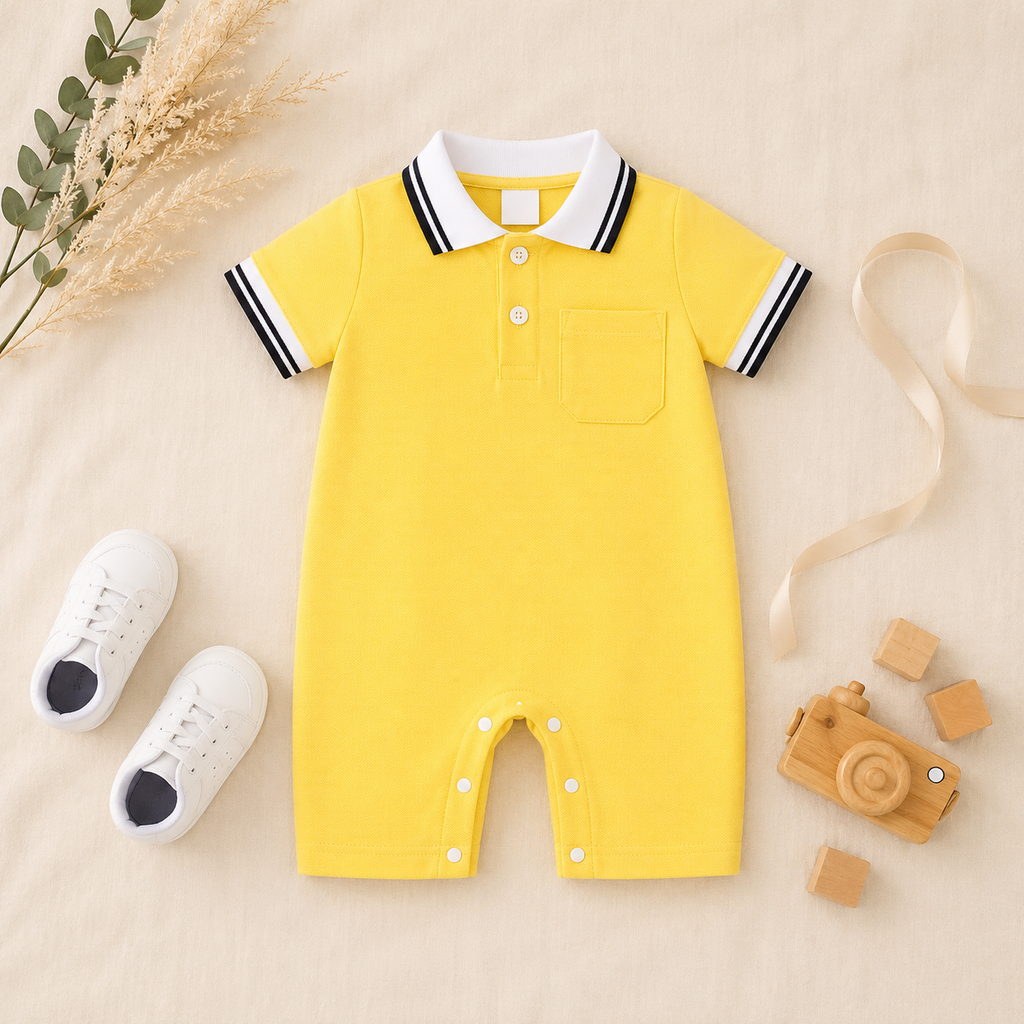 Plush-Polo Romper - Yellow with white Collars