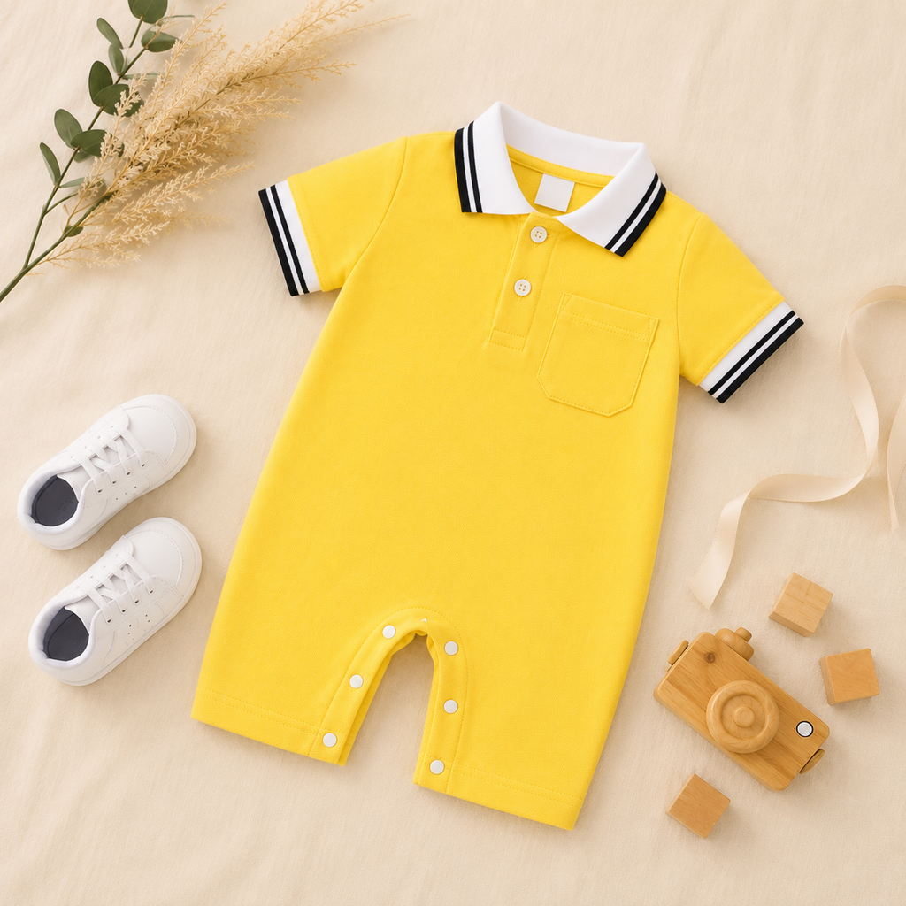 Plush-Polo Romper - Yellow with white Collars