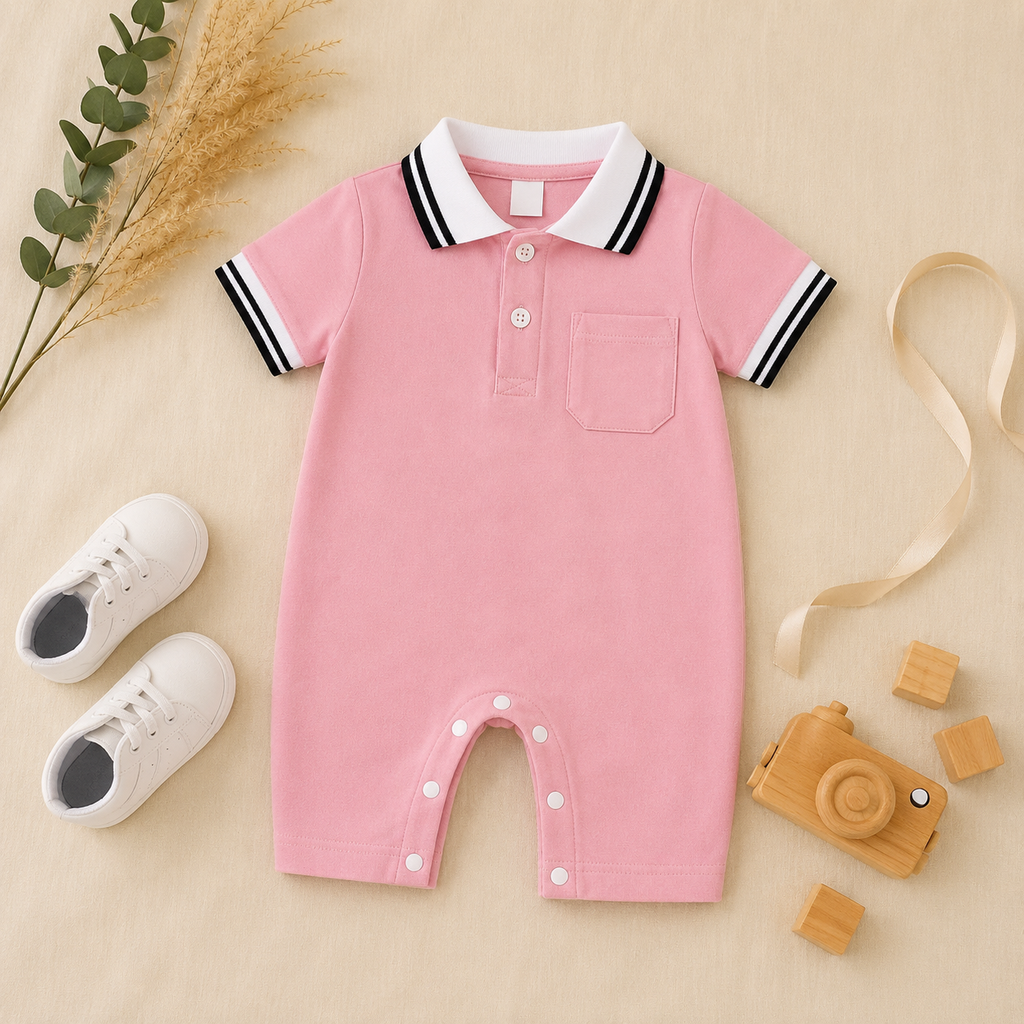 Light Pink Polo Romper for Babies | Soft Interlock Bodysuit
