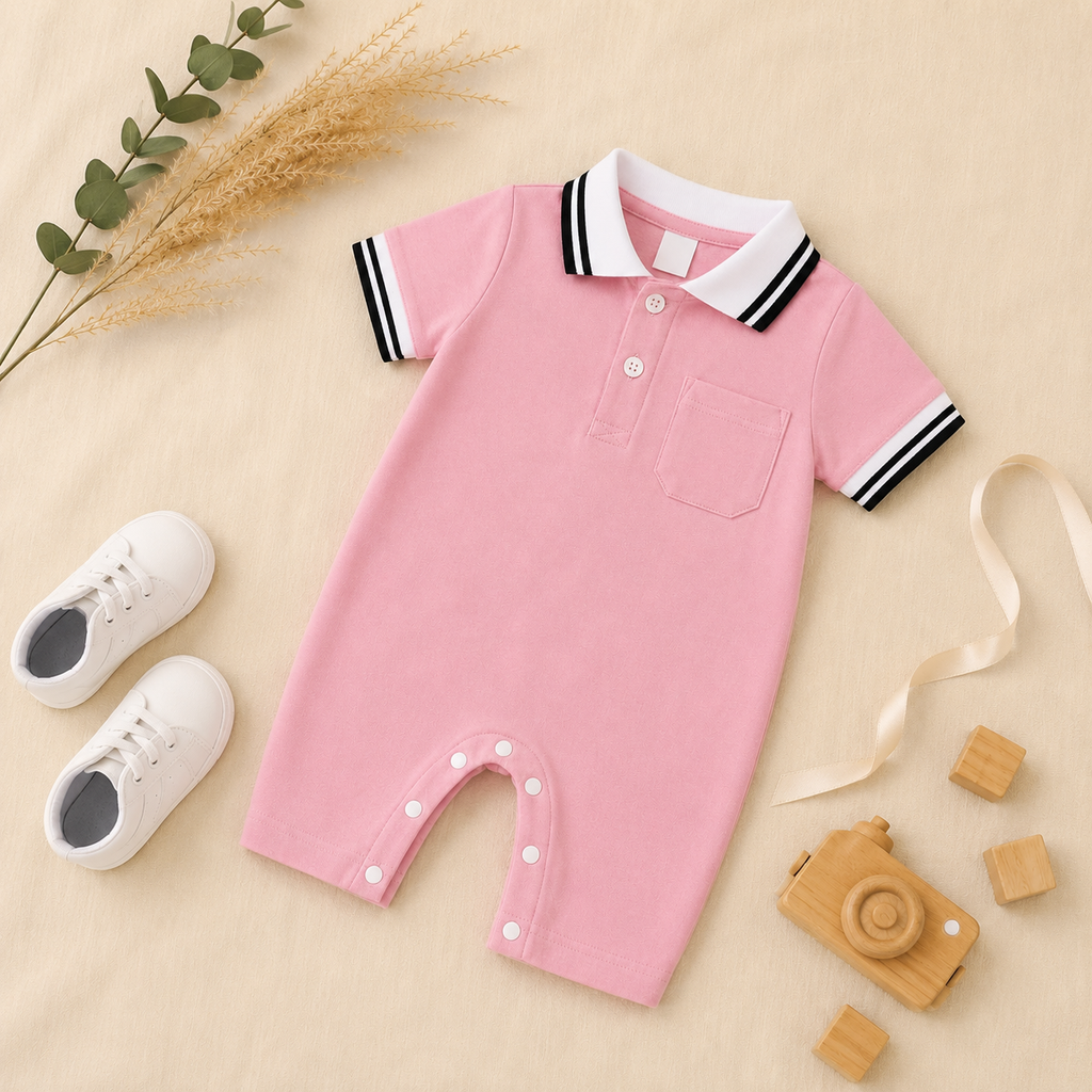 Light Pink Polo Romper for Babies | Soft Interlock Bodysuit