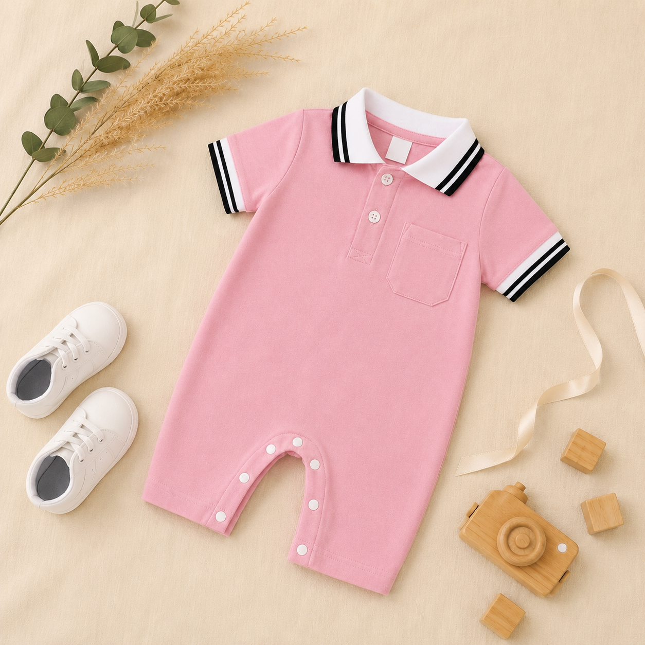 Light Pink Polo Romper for Babies | Soft Interlock Bodysuit
