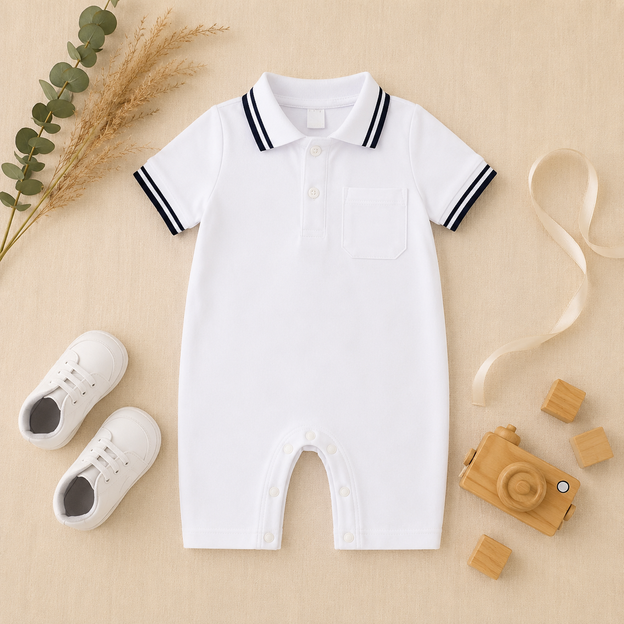 White Polo Romper for Babies | Soft Interlock Bodysuit
