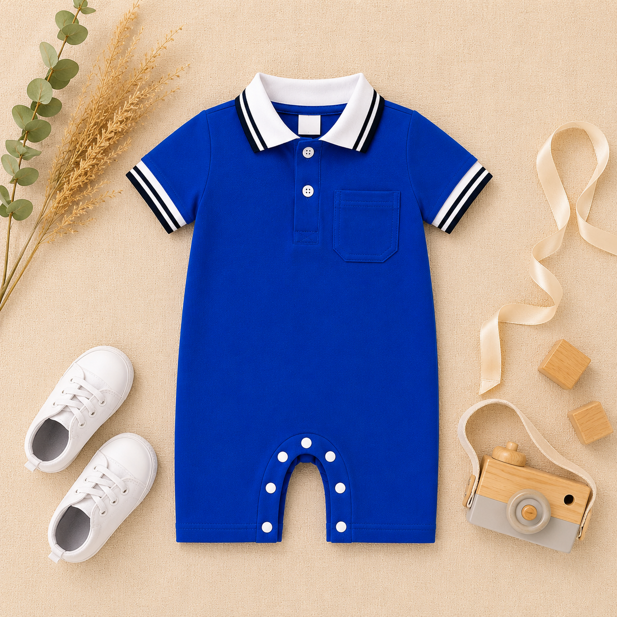Royal Blue Polo Romper for Babies | Soft Interlock Bodysuit