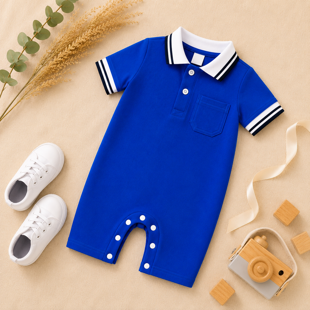 Royal Blue Polo Romper for Babies | Soft Interlock Bodysuit
