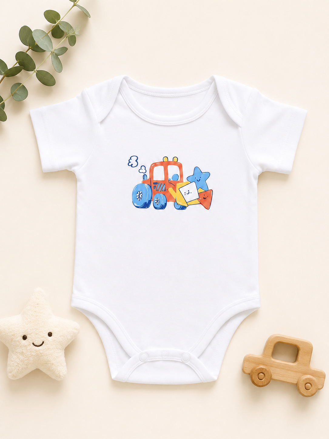 Baby Romper (Happy Tractor) – White
